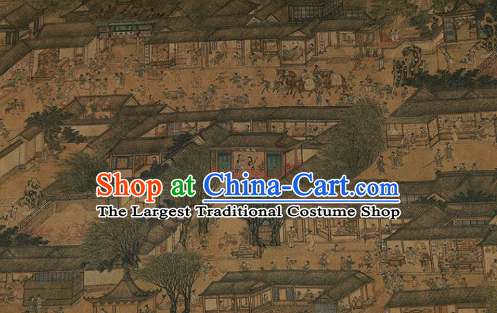 China Gambiered Guangdong Gauze Drapery Classical Riverside Scene at Qingming Festival Pattern Cheongsam Silk Fabric