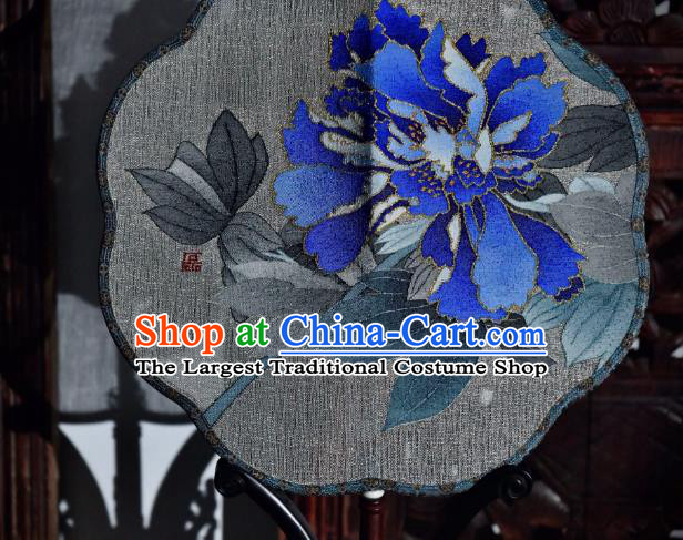 China Traditional Silk Fan Ancient Song Dynasty Court Fan Handmade Blue Peony Pattern Palace Fan