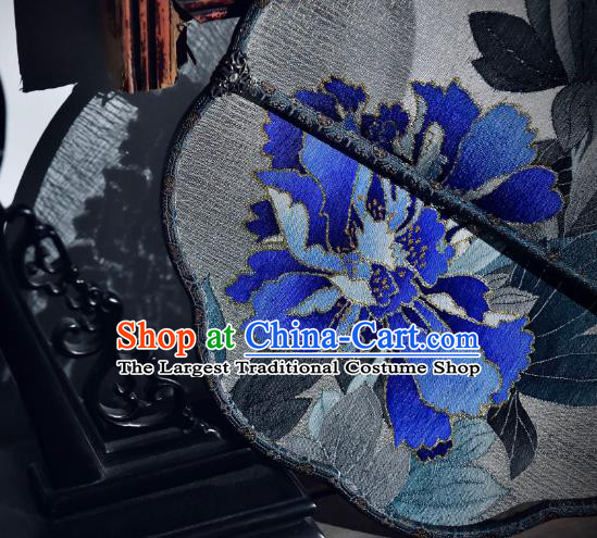 China Traditional Silk Fan Ancient Song Dynasty Court Fan Handmade Blue Peony Pattern Palace Fan