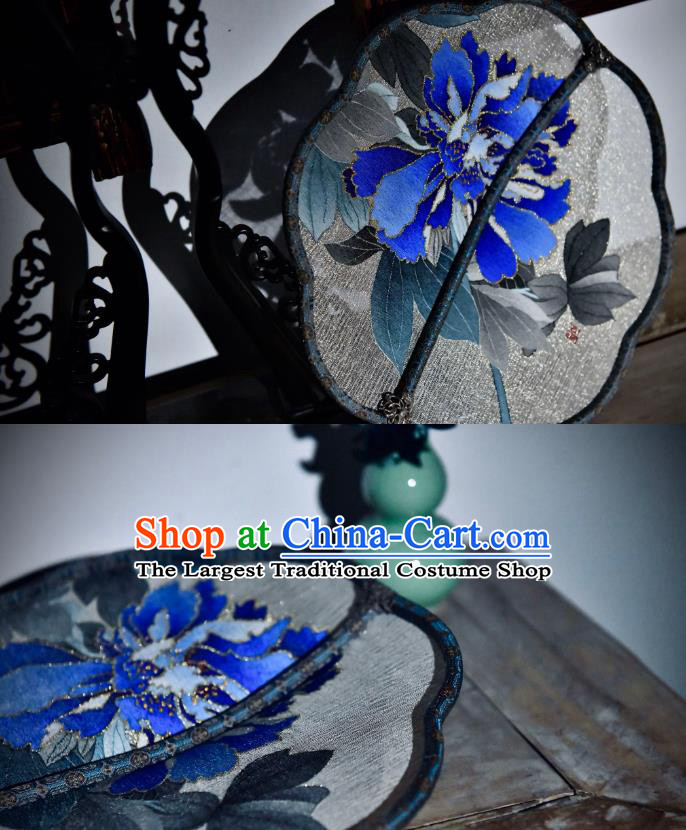 China Traditional Silk Fan Ancient Song Dynasty Court Fan Handmade Blue Peony Pattern Palace Fan