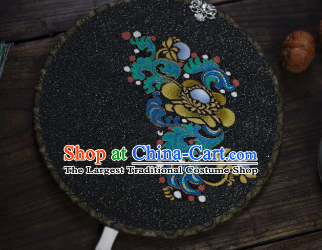 China Handmade Palace Fan Ancient Ming Dynasty Court Lady Circular Fan Traditional Black Silk Fan