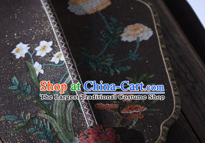 China Traditional Deep Grey Silk Fan Handmade Daffodil Pattern Palace Fan Ancient Song Dynasty Court Fan