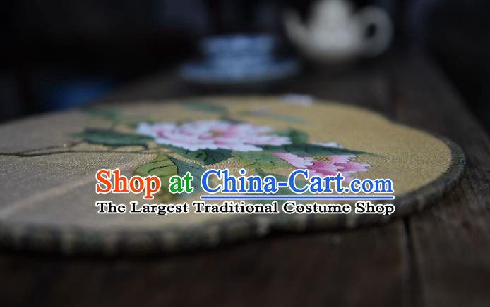 China Handmade Camellia Pattern Palace Fan Ancient Song Dynasty Princess Court Fan Traditional Light Yellow Silk Fan