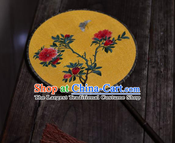 China Handmade Pomegranate Blossom Pattern Palace Fan Ancient Princess Court Circular Fan Traditional Golden Silk Fan