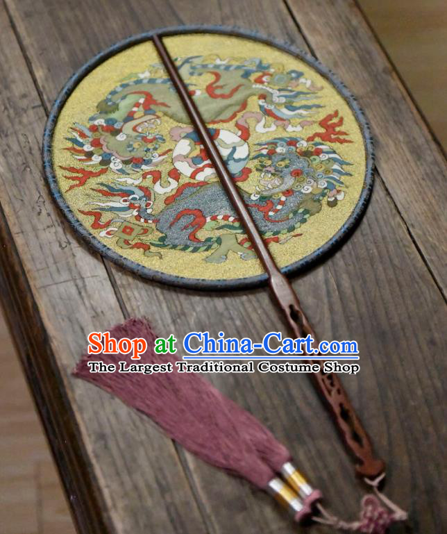 China Handmade Double Lions Pattern Palace Fan Traditional Yellow Silk Fan Ancient Ming Dynasty Court Circular Fan