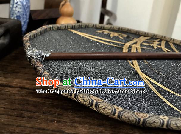 China Handmade Golden Orchids Pattern Palace Fan Ancient Princess Court Fan Traditional Black Silk Fan