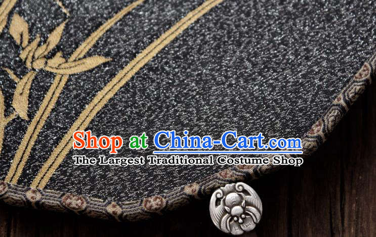 China Handmade Golden Orchids Pattern Palace Fan Ancient Princess Court Fan Traditional Black Silk Fan