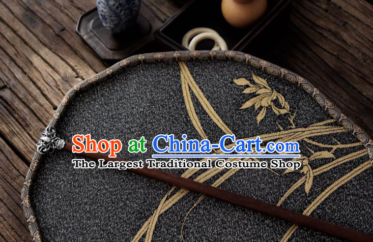 China Handmade Golden Orchids Pattern Palace Fan Ancient Princess Court Fan Traditional Black Silk Fan