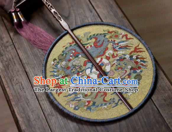 China Handmade Double Lions Pattern Palace Fan Traditional Yellow Silk Fan Ancient Ming Dynasty Court Circular Fan