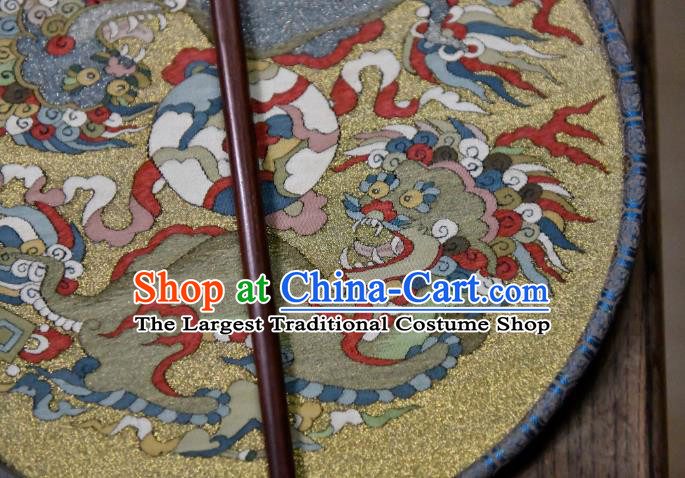 China Handmade Double Lions Pattern Palace Fan Traditional Yellow Silk Fan Ancient Ming Dynasty Court Circular Fan