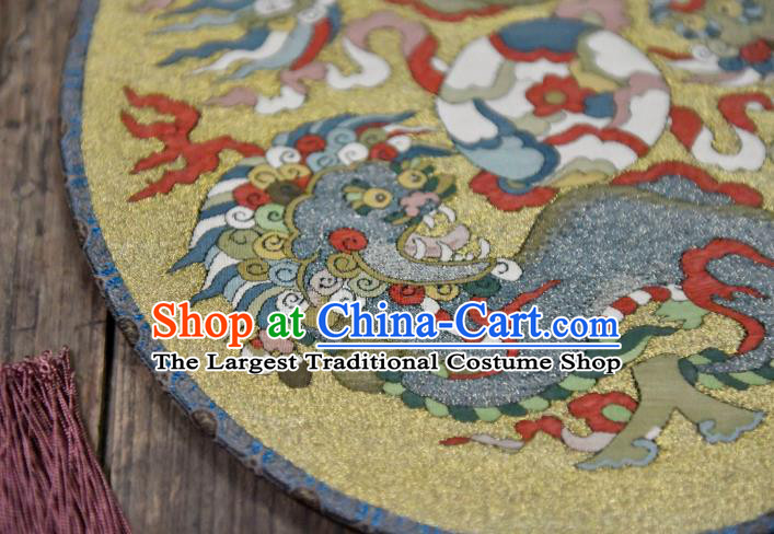 China Handmade Double Lions Pattern Palace Fan Traditional Yellow Silk Fan Ancient Ming Dynasty Court Circular Fan