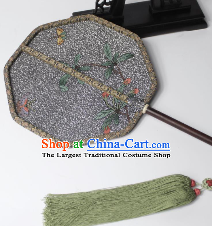 China Traditional Octagon Fan Handmade Butterfly Flower Pattern Black Silk Fan Ancient Court Beauty Palace Fan