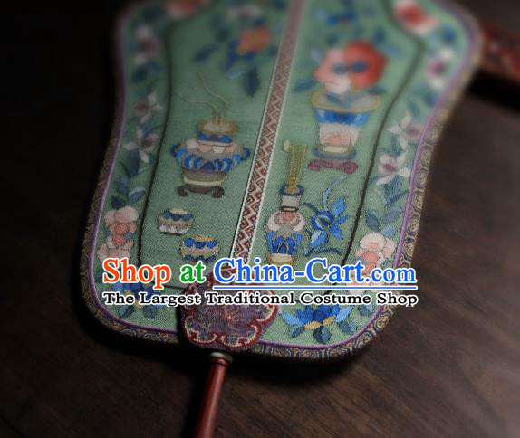 China Traditional Green Silk Fan Handmade Lucky Peach Pattern Palace Fan Ancient Ming Dynasty Court Beauty Fan