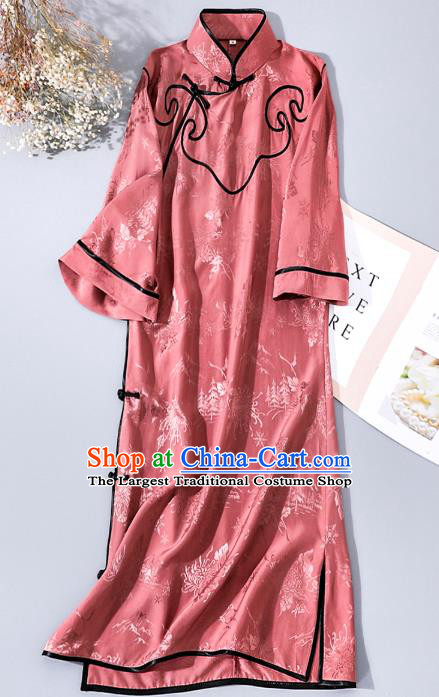 Asian Chinese Traditional Stand Collar Qipao Dress National Woman Clothing Classical Pink Silk Cheongsam