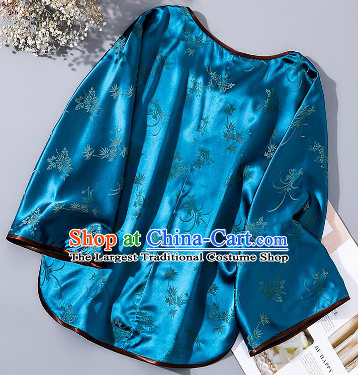 China Tang Suit Wide Sleeve Upper Outer Garment Traditional Cheongsam Blue Silk Shirt