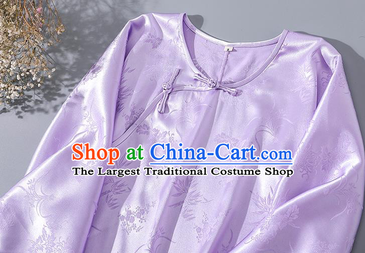 Asian Chinese National Shanghai Woman Clothing Classical Lilac Silk Cheongsam Traditional Slant Opening Qipao Dress