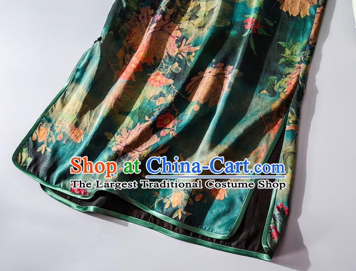 Asian Chinese Classical Green Silk Cheongsam Traditional Printing Qipao Dress National Shanghai Beauty Clothing