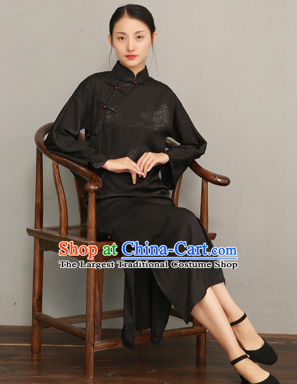 Asian Chinese Traditional Tang Suit Black Silk Qipao Dress National Young Lady Clothing Classical Cheongsam