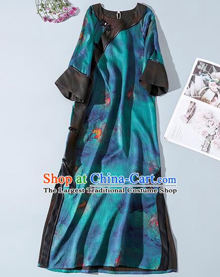 Asian Chinese Traditional Young Beauty Silk Qipao Dress Blue Gambiered Guangdong Gauze Classical Cheongsam