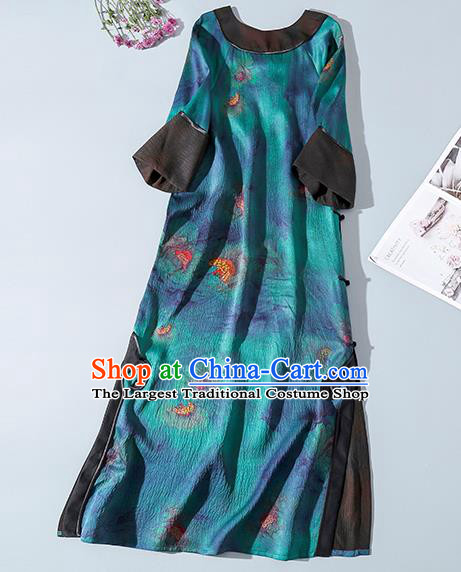 Asian Chinese Traditional Young Beauty Silk Qipao Dress Blue Gambiered Guangdong Gauze Classical Cheongsam
