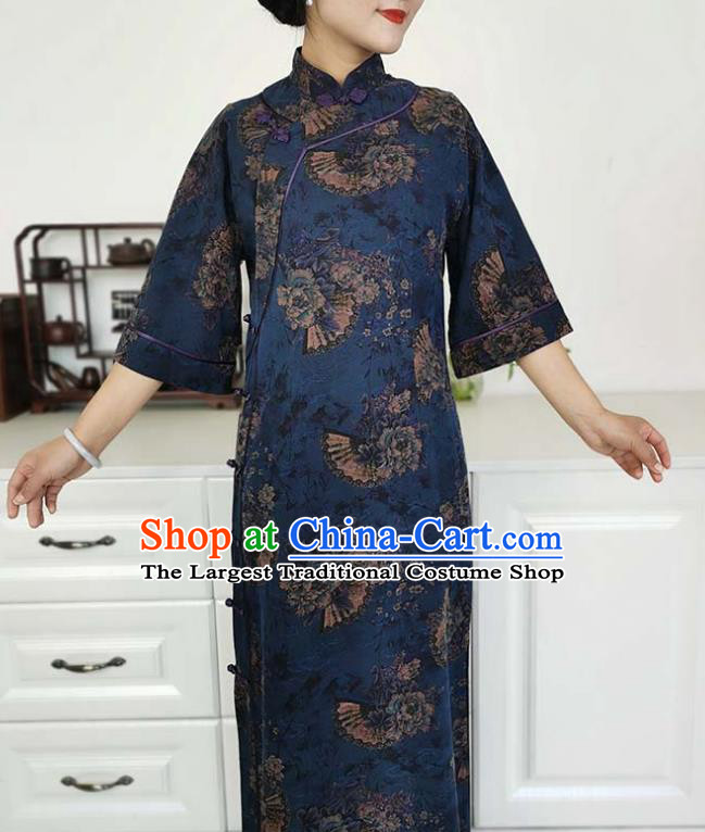 Asian Chinese Classical Shanghai Beauty Costume Traditional Tang Suit Navy Blue Silk Qipao Dress