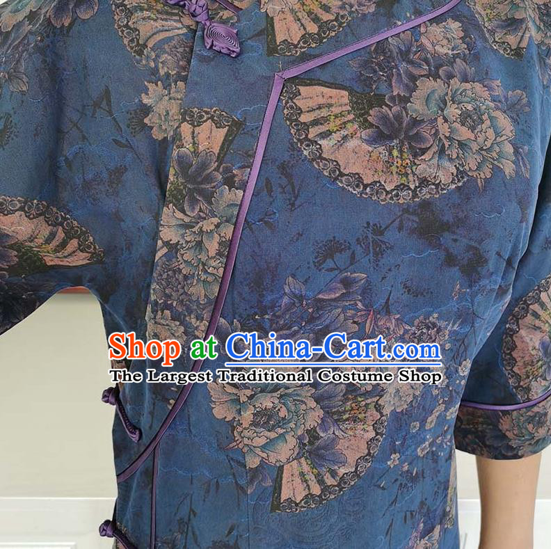 Asian Chinese Classical Shanghai Beauty Costume Traditional Tang Suit Navy Blue Silk Qipao Dress