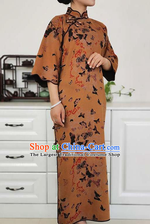 Asian Chinese Traditional Ginger Silk Qipao Dress Classical Butterfly Pattern Cheongsam Costume