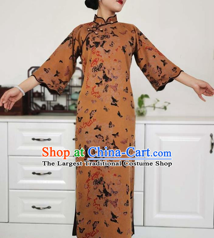 Asian Chinese Traditional Ginger Silk Qipao Dress Classical Butterfly Pattern Cheongsam Costume