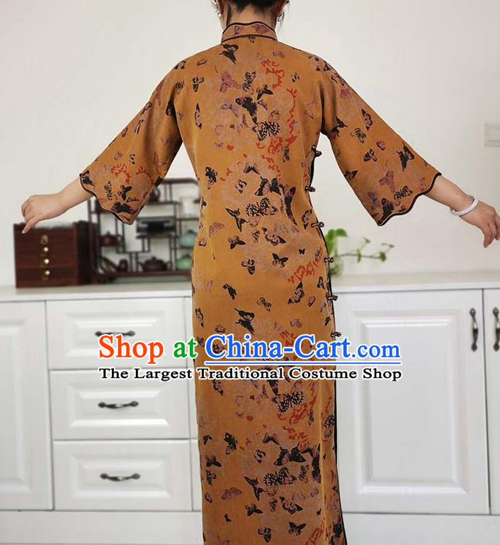 Asian Chinese Traditional Ginger Silk Qipao Dress Classical Butterfly Pattern Cheongsam Costume