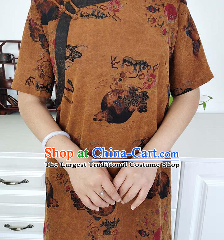 Asian Chinese Classical Cheongsam Costume Traditional Brown Silk Qipao Dress