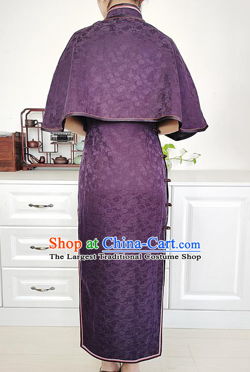 Asian Chinese Classical Old Shanghai Cheongsam Costume Traditional Deep Purple Silk Qipao Dress