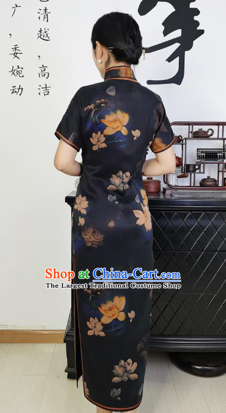 Asian Chinese Classical Young Mistress Cheongsam Costume Traditional Printing Lotus Navy Silk Qipao Dress