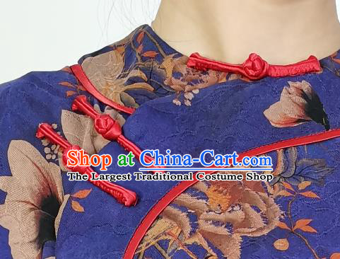 Asian Chinese Classical Loose Cheongsam Costume Traditional Printing Deep Blue Silk Qipao Dress