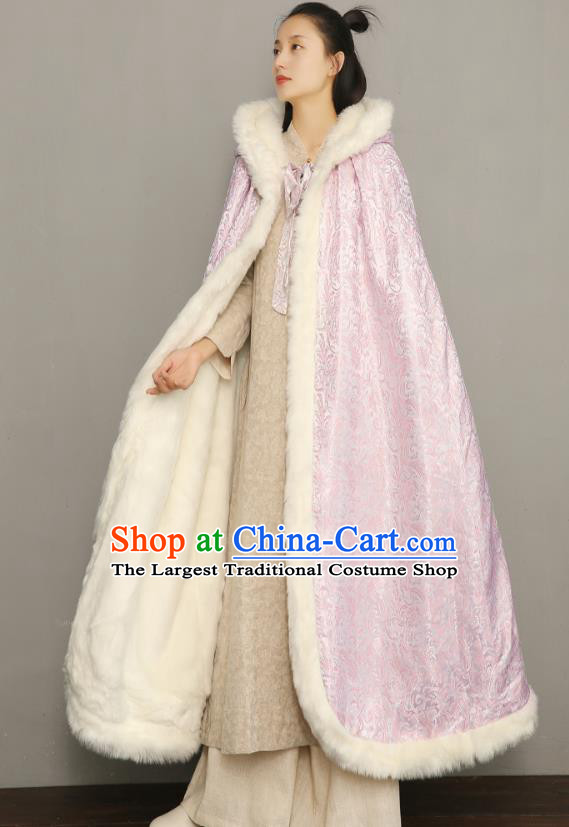 Chinese National Women Pink Silk Cape Ancient Princess Cotton Wadded Cloak Traditional Winter Costume