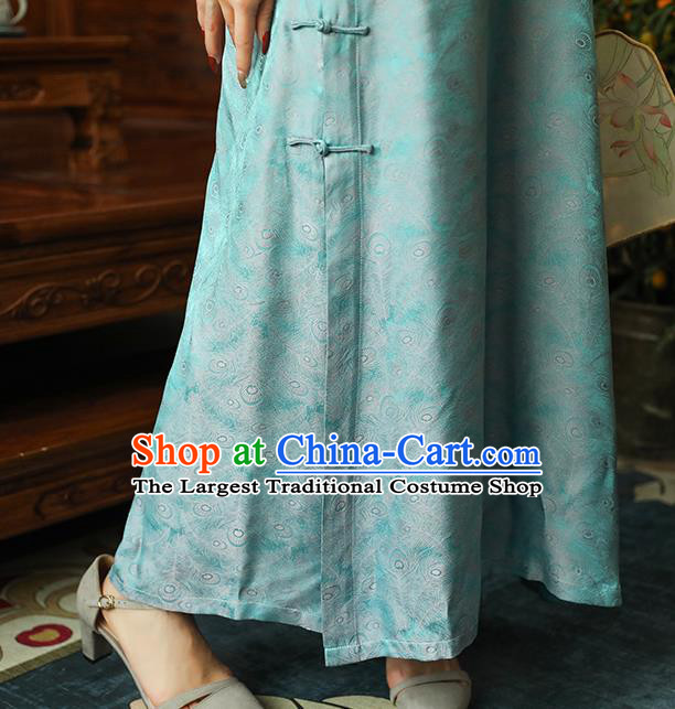 Asian Chinese Traditional Embroidered Silk Qipao Dress Classical Light Blue Song Brocade Cheongsam Clothing