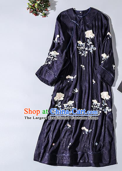 Asian Chinese Classical Wide Sleeve Cheongsam Clothing Traditional Embroidered Navy Silk Qipao Dress