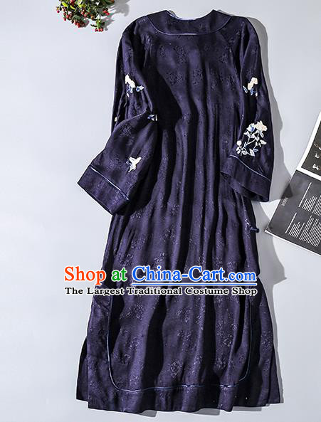 Asian Chinese Classical Wide Sleeve Cheongsam Clothing Traditional Embroidered Navy Silk Qipao Dress