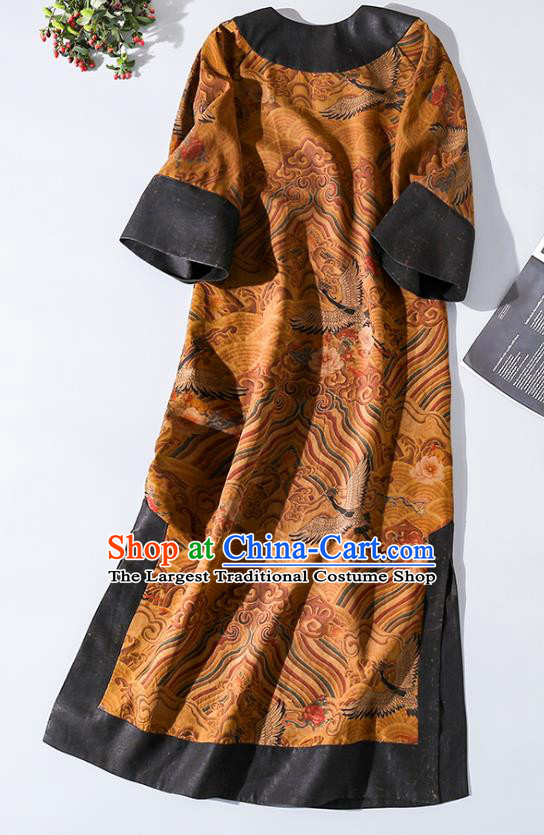 Asian Chinese Classical Wave Pattern Cheongsam Clothing Traditional Ginger Silk Qipao Dress