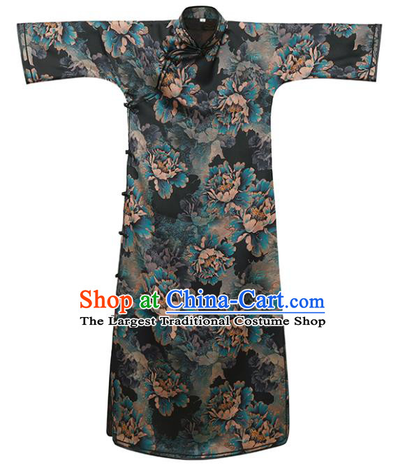 Asian Chinese Classical Peony Design Gambiered Guangdong Gauze Cheongsam Traditional Young Beauty Black Silk Qipao Dress