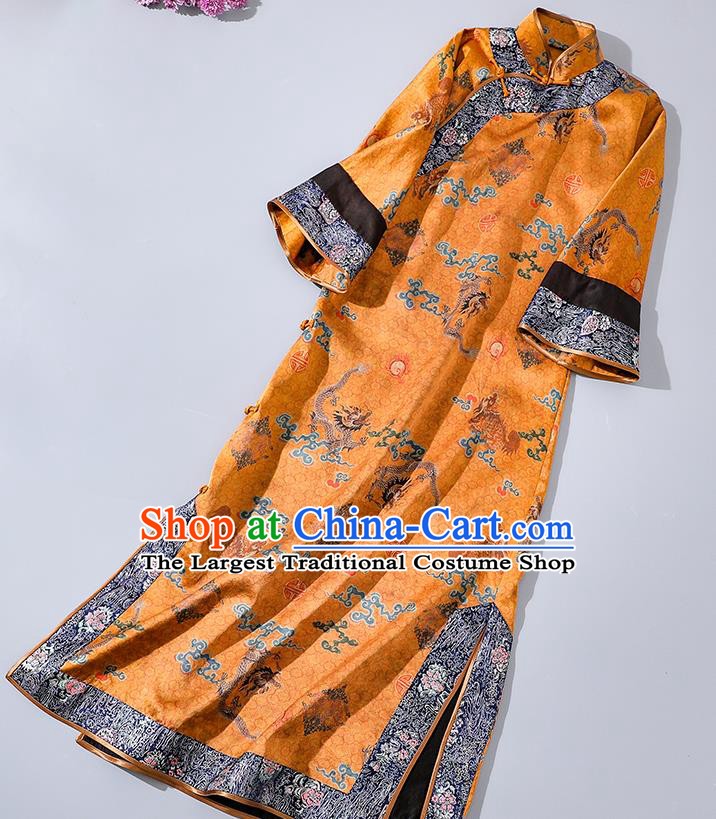 Asian Chinese Classical Printing Brocade Cheongsam Clothing Traditional Qing Dynasty Empress Golden Silk Qipao Dress