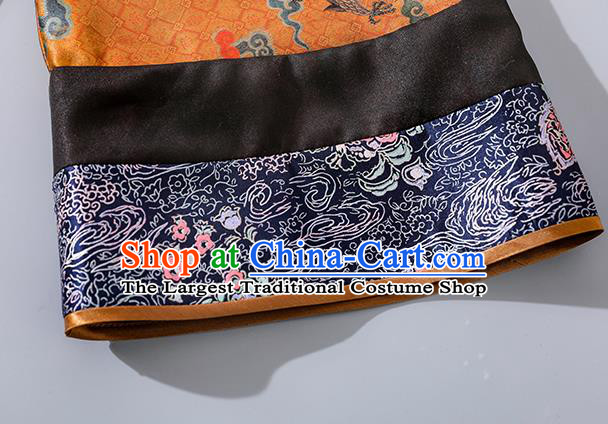 Asian Chinese Classical Printing Brocade Cheongsam Clothing Traditional Qing Dynasty Empress Golden Silk Qipao Dress