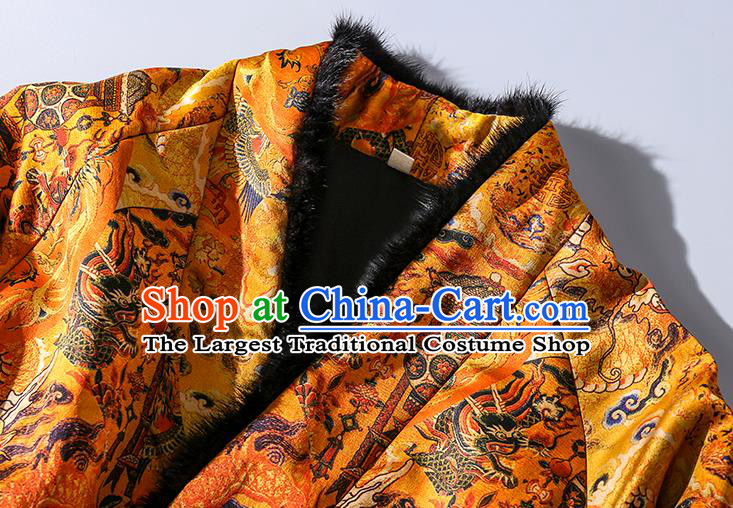 China Traditional Tang Suit Outer Garment Classical Dragons Pattern Yellow Silk Cotton Wadded Jacket