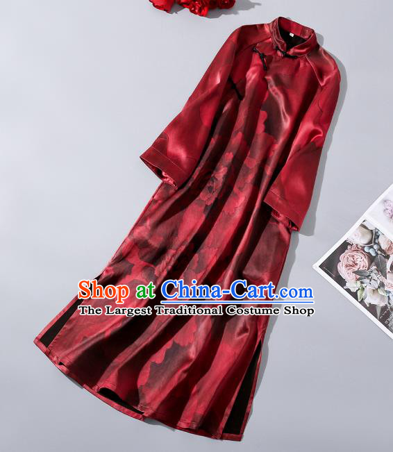 Asian Chinese Classical Peony Pattern Silk Cheongsam Traditional Wine Red Qipao Dress Clothing
