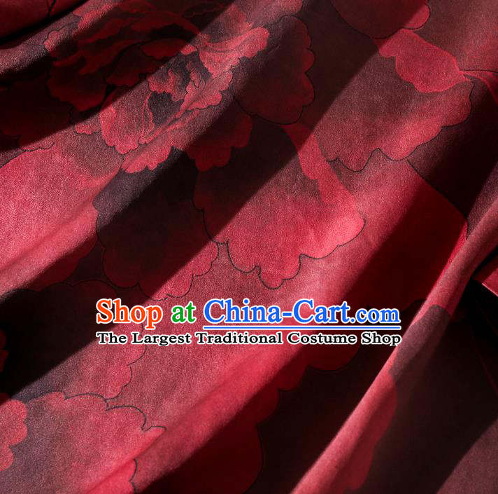 Asian Chinese Classical Peony Pattern Silk Cheongsam Traditional Wine Red Qipao Dress Clothing
