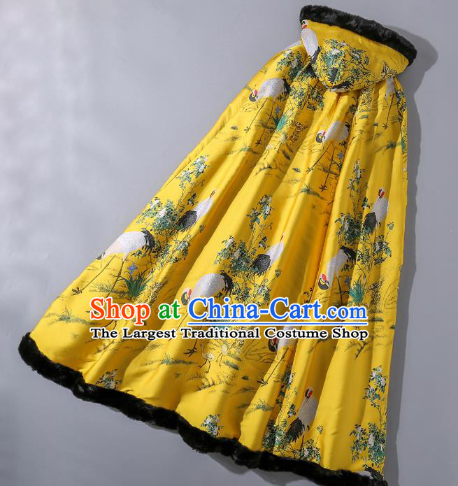 China Classical Winter Costume Traditional Tang Suit Yellow Silk Long Cloak