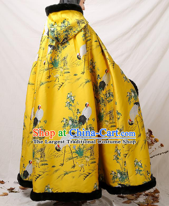 China Classical Winter Costume Traditional Tang Suit Yellow Silk Long Cloak