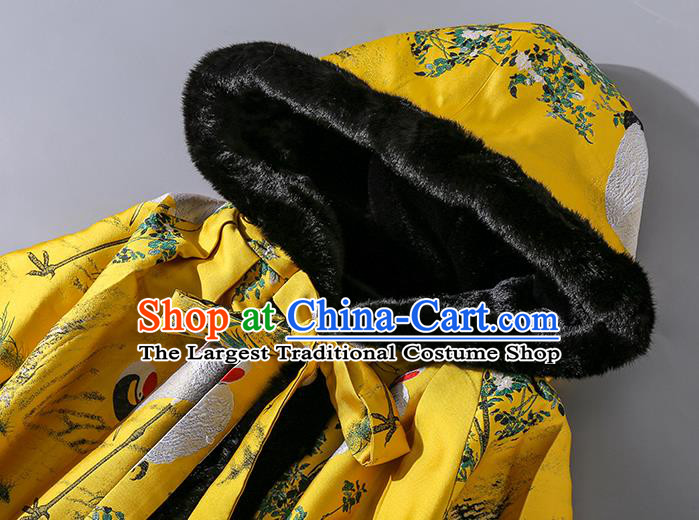 China Classical Winter Costume Traditional Tang Suit Yellow Silk Long Cloak