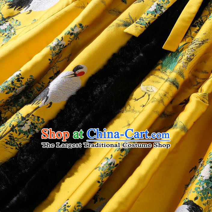 China Classical Winter Costume Traditional Tang Suit Yellow Silk Long Cloak