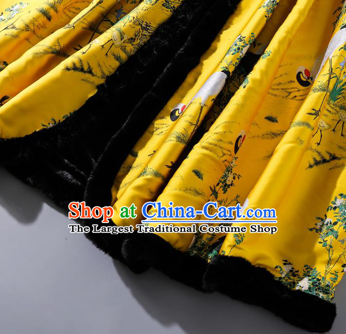 China Classical Winter Costume Traditional Tang Suit Yellow Silk Long Cloak