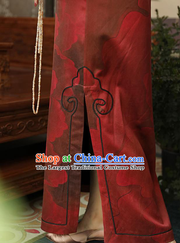 Asian Chinese Classical Peony Design Red Silk Cheongsam Clothing Traditional Qing Dynasty Court Lady Qipao Dress